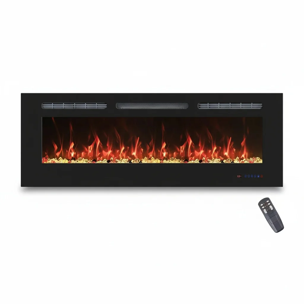 

Электрический линейный камин 72 дюйма, металлический встраиваемый настенный камин, многоцветный LED-обогреватель с эффектом пламени, пульт дистанционного управления с таймером