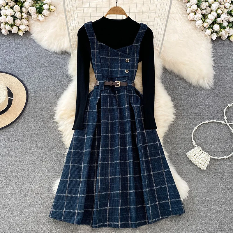 French Vintage Faux Woolen Midi Dress Women Casual 2 Piece Dresses Basic Tops Female Autumn Spring Thin Set Pullover Vestidos