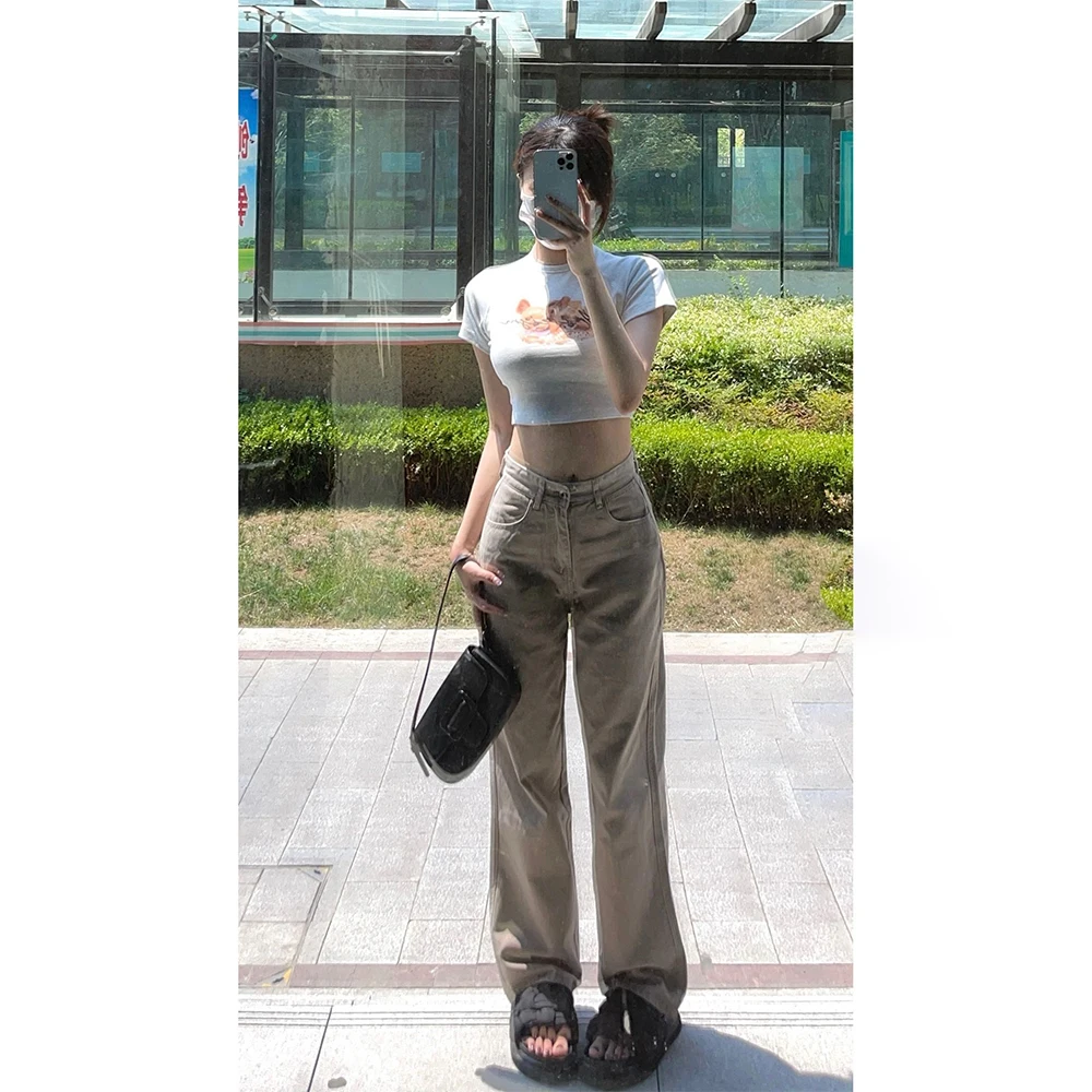 

Khaki Color Women's High Waist Long Straight Leg Jeans Spring Autumn Slimming Floor Length Trousers Trendy High Street Style