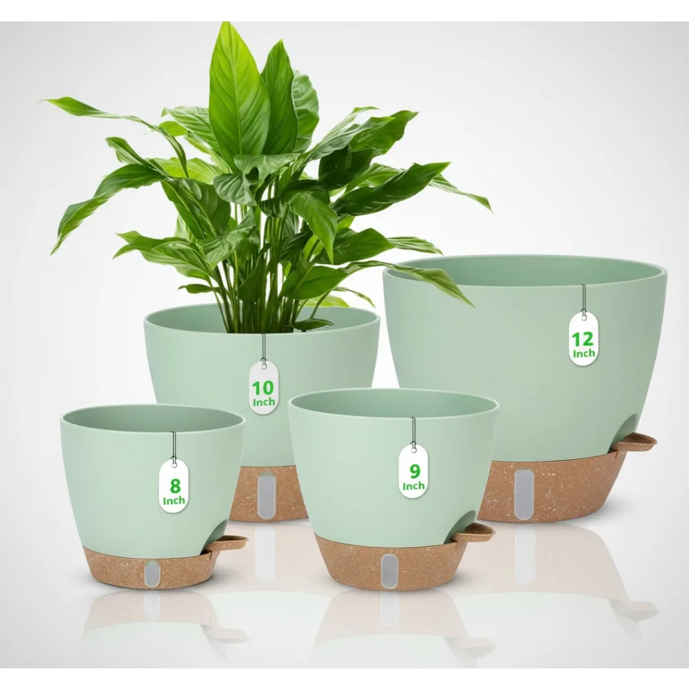 

Набор самополивающихся горшков для растений с индикатором уровня воды, большие пластиковые горшки для комнатных и наружных растений (зеленый)