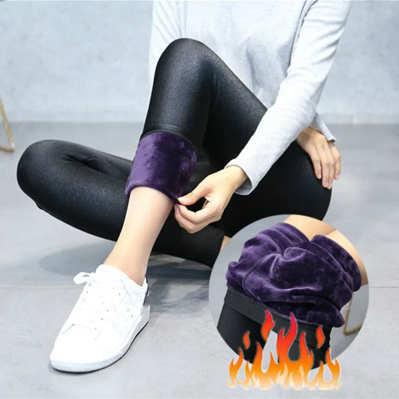 

45-85kg New Design Winter Female Leggings Warm Black Shine Skinny Pants Push Big Size Work Inner Fur Gloss XL 2XL 3XL
