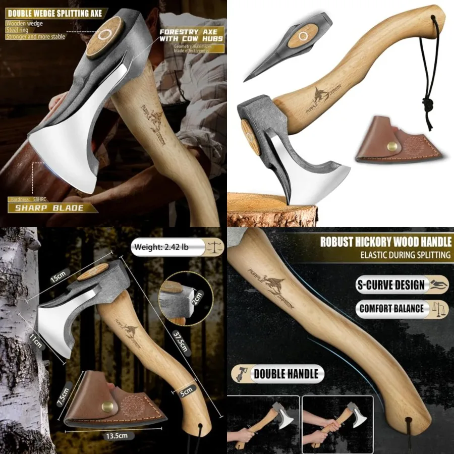 

Camping Hatchet 14.7 Inch Hand Forged Splitting Axe - Outdoor Wood Splitting Chopping and Carving Tool with Leather Sheath Bush