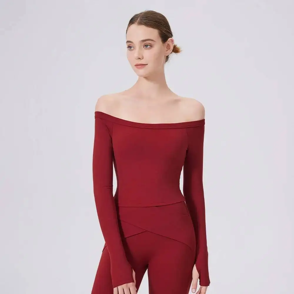 

Breathable One Collar Long Sleeved Sports Running Bra With Chest Cushion Fiess Suit Top For Women