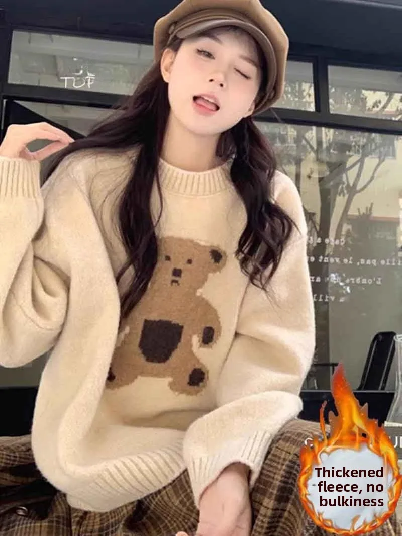 

Thiened Fce круглый свитер с вышитым медведем из мультфильма, женский студенческий свитер на осень-зиму, теплая вязаная основа для ленивых, irt