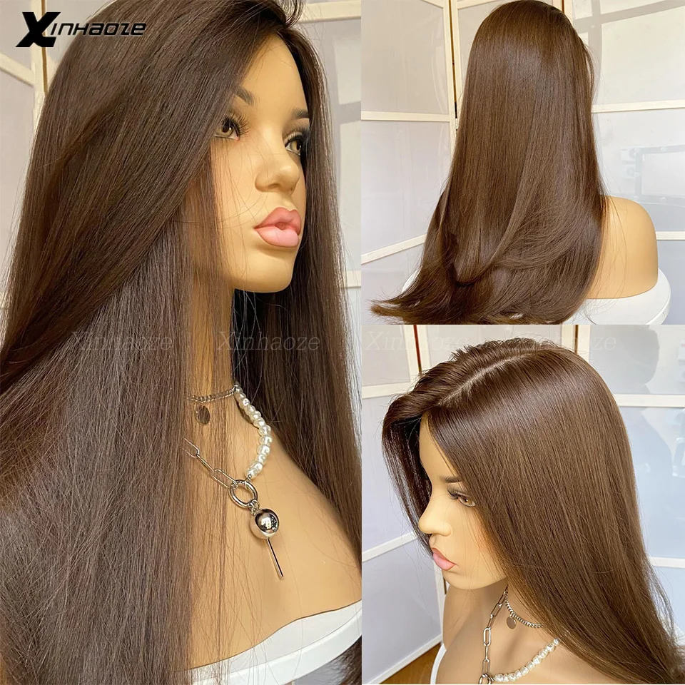 

Chocolate Brown 5x5 Silk Top Closure Human Hair Wigs #4 Dark Brown Colored Straight 13x4 Lace Frontal Wig For Women 180% Density