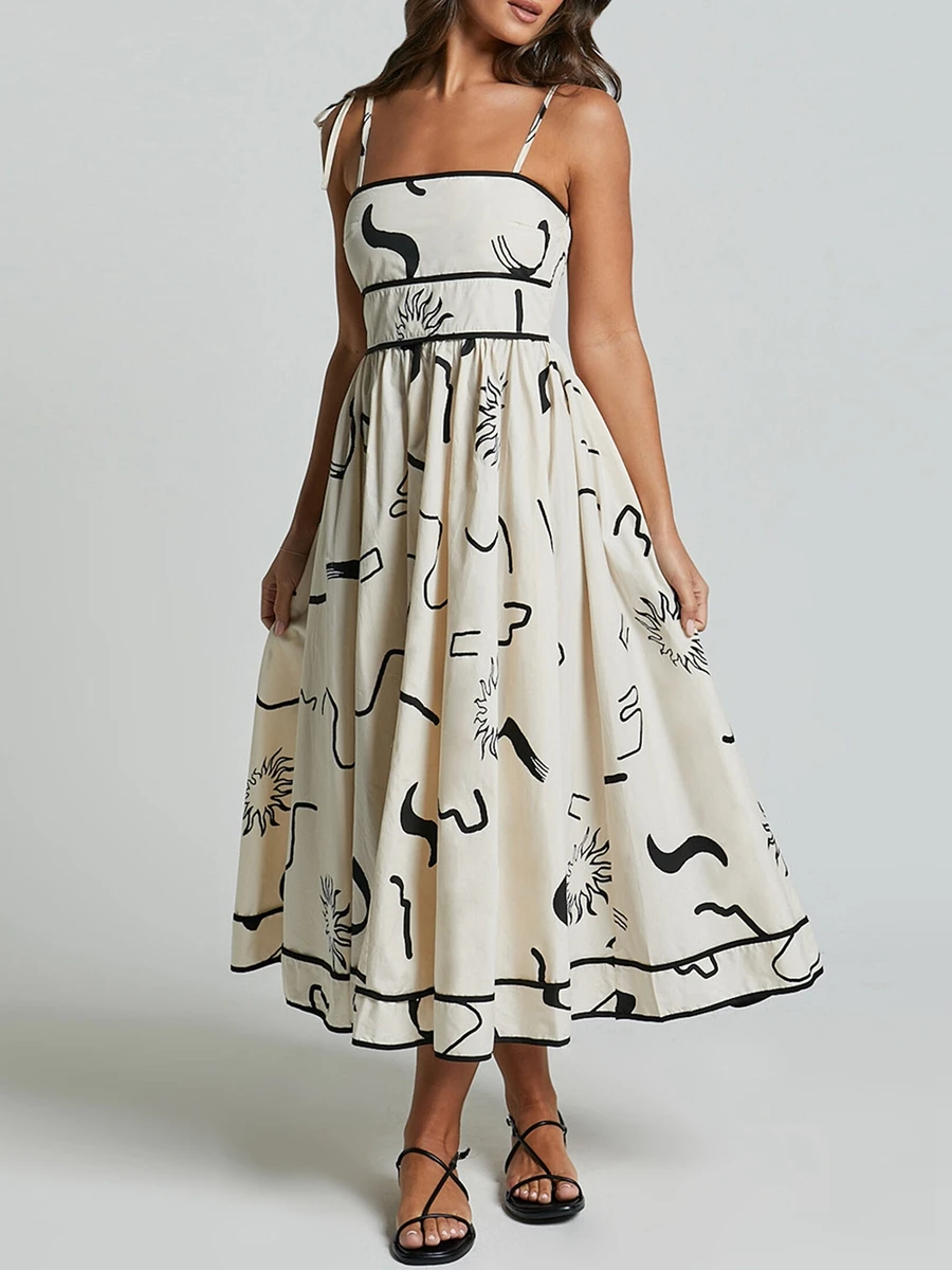 

Women Cami Midi Dress Sleeveless Tie Straps A Line Dress in Black and White Print Lacing-up Smocked Waist Flowy Dresses