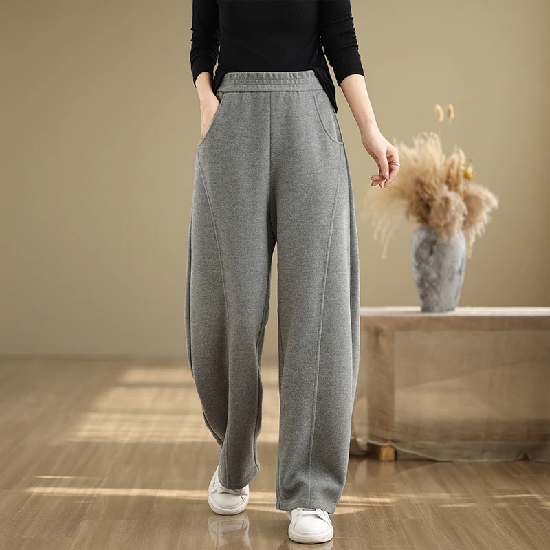 ارتفاع الخصر فضفاضة تناسب السراويل الرياضية النسائية ثي عارضة السراويل الطويلة الخريف الشتاء محبوك القطن البوليستر مرونة الخصر سولي...