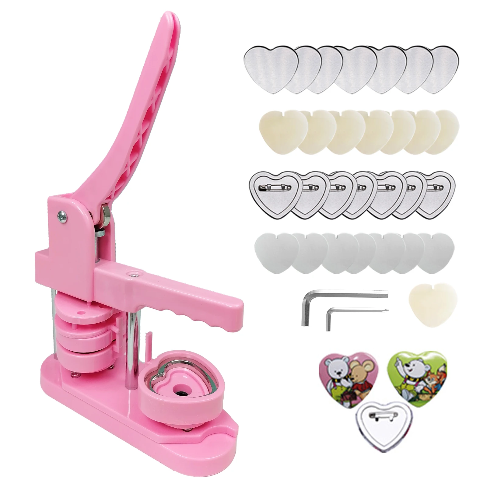 Punzonatrice per badge con macchina per creare bottoni a forma di cuore fai-da-te con parti di bottoni da 100 pezzi (rosa)