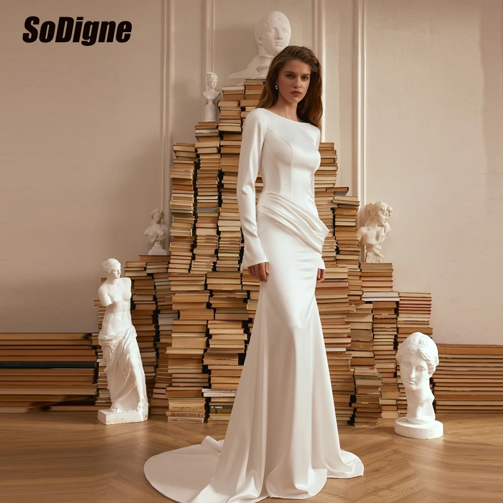 

﻿ SoDigne Mermaid Satin Wedding Dresses Full Sleeves O-neck Bridal Dress 2026 Long Bride Gown vestidos de novia Customized
