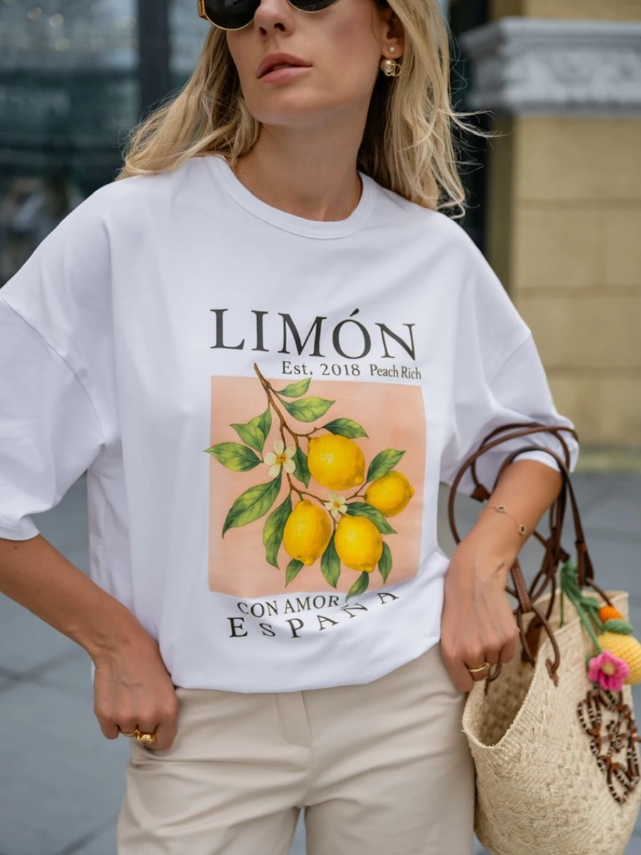 New Women's Pure Cotton Crew Neck T-Shirt New Summer Spanish Lemon 