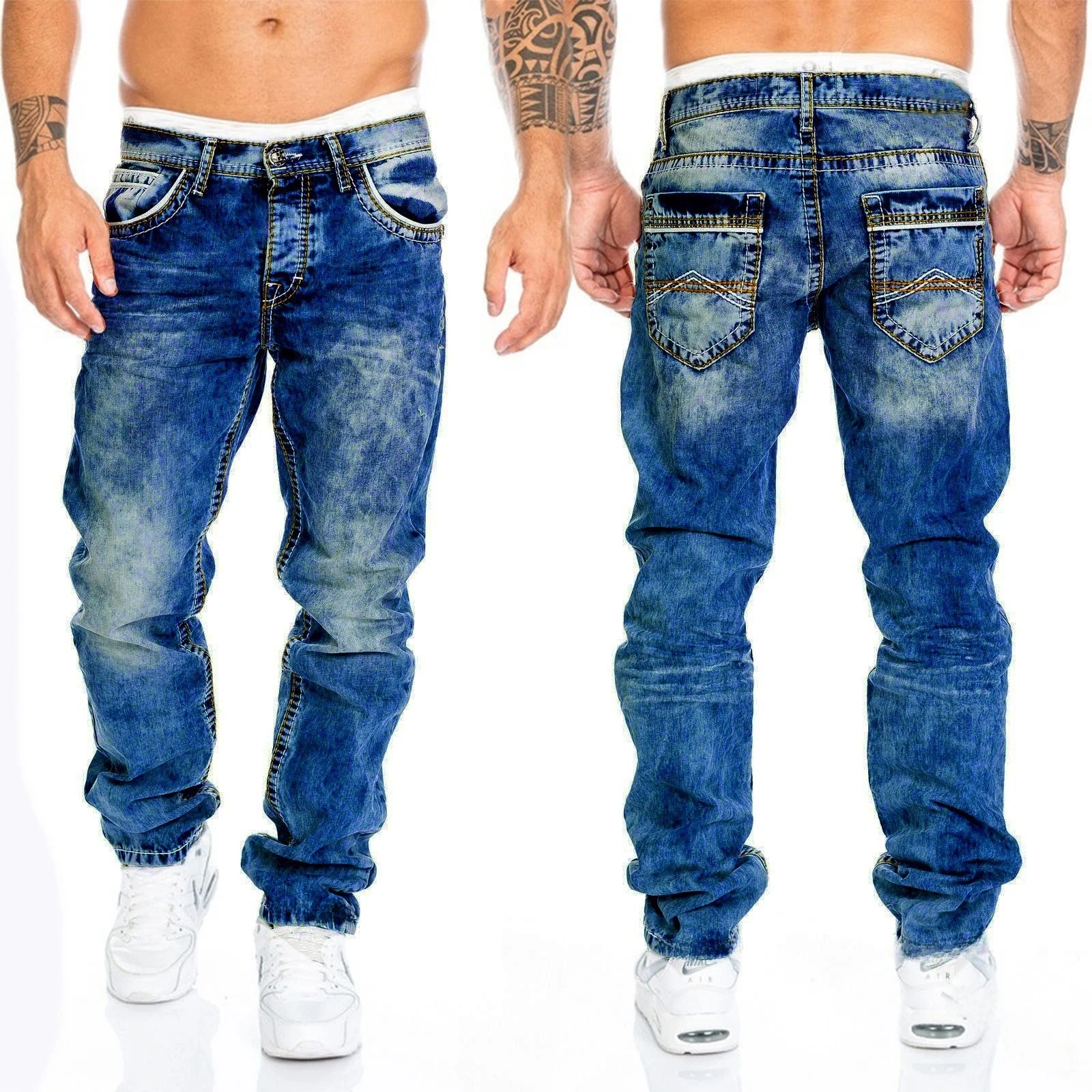 

Casual Straight Leg Men's Jeans New Style Denim Pants Hip Hop Stitching Detail mid Waist Zipper Opening for Teenagers