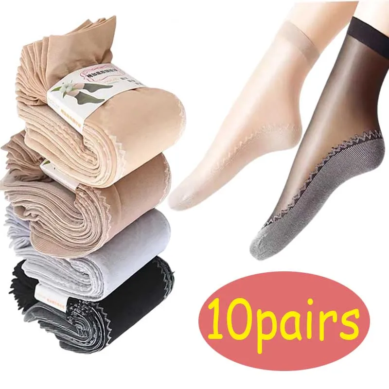 

10pairs Spring Summer Women Soft Socks Velvet Silk Socks Non-Slip Bottom Splice Transparent Ladies Ultrathin Breathable Sock