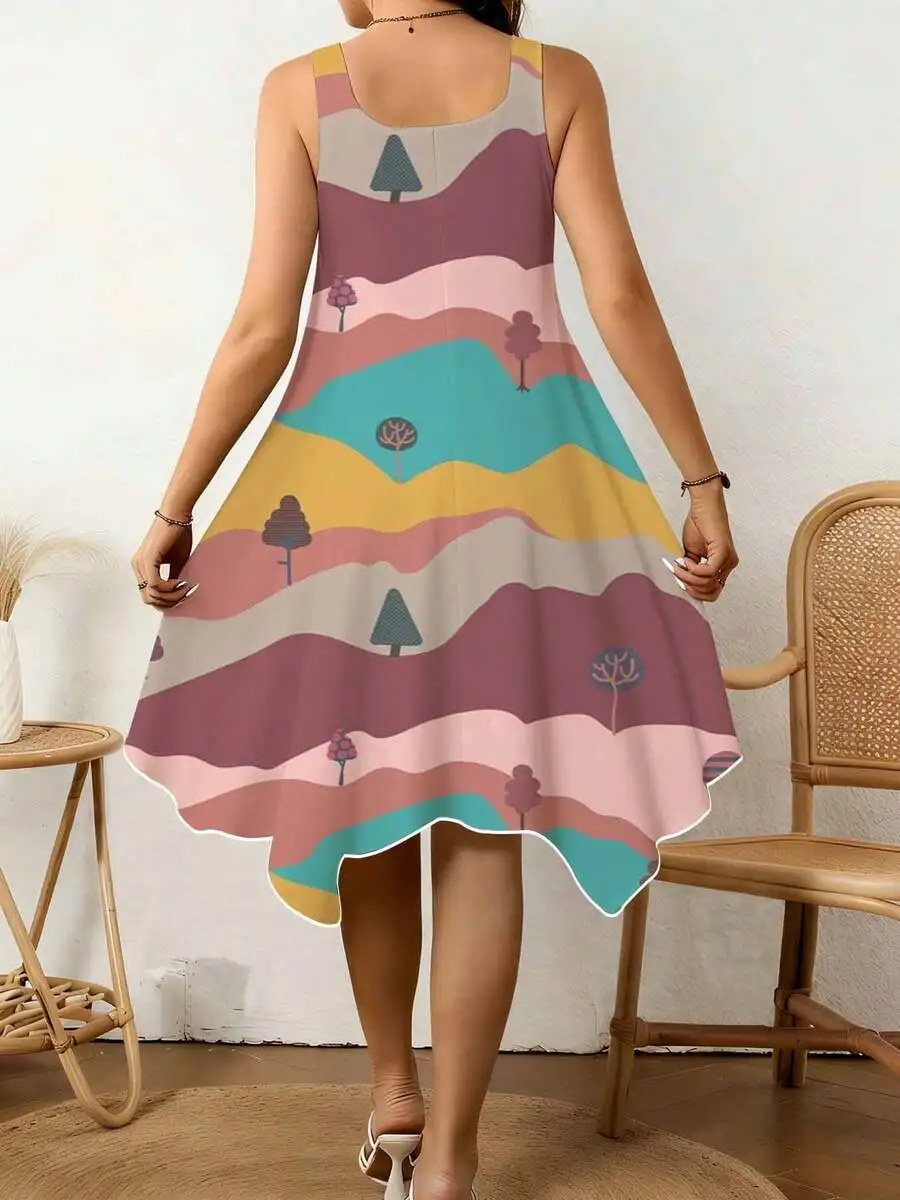 

Women V Neck Irregular Hem Dress With Colorful Landscape Tree Print For Summer Beach Casual Wear