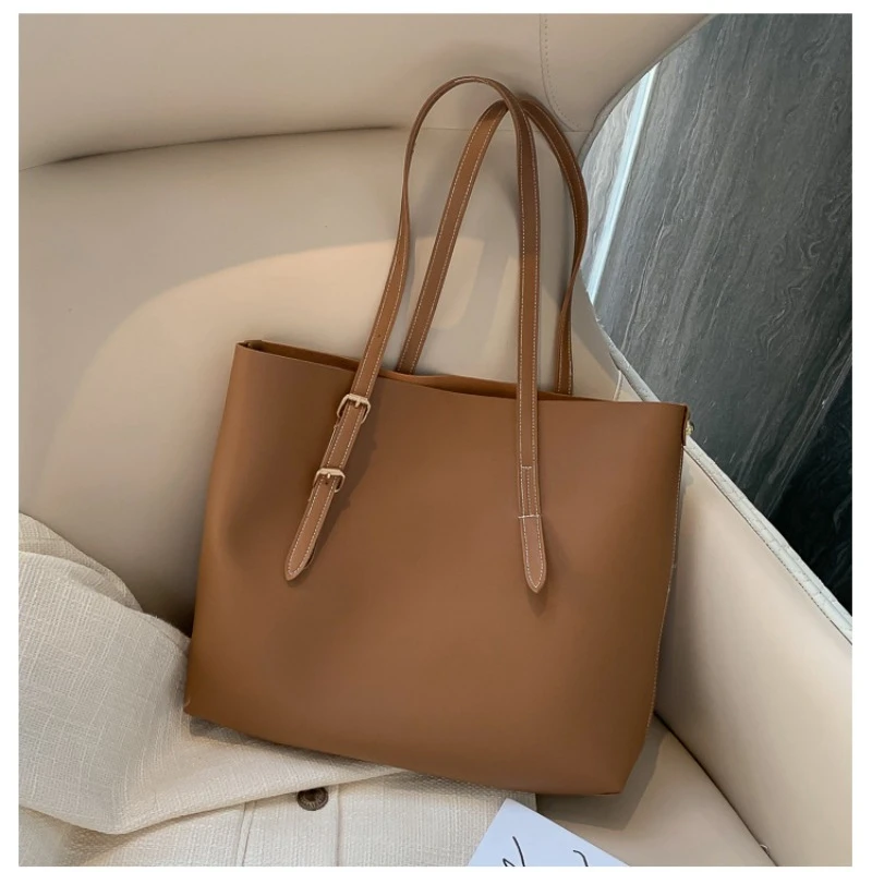 PU Tote Bag Girl 2022 New Double Root Coffee PU Large Capacity  Portable Solid Color Mother Bag Sac A Main Femme