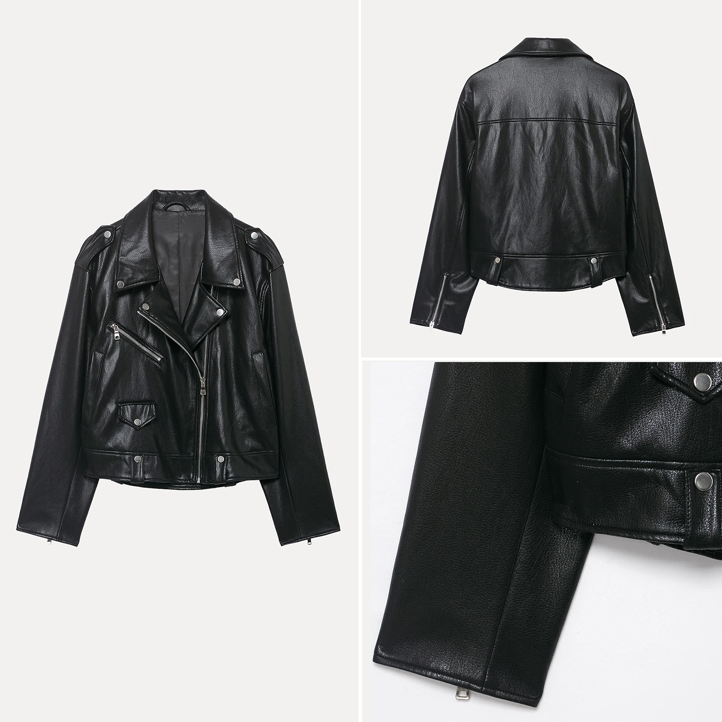 2025 가을 신상 여성 바이커 재킷 스트릿 스타일 코팅 비대칭 지퍼 노치 라펠 버튼 프론트 숏 기장 코트