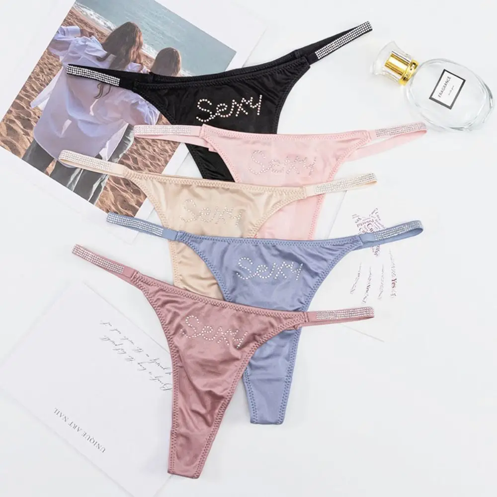 

Comfort Low-waist Seamless Panties Thin Belt Solid Color Women Thong Underpants Underwear Rhinestone Briefs Ladies
