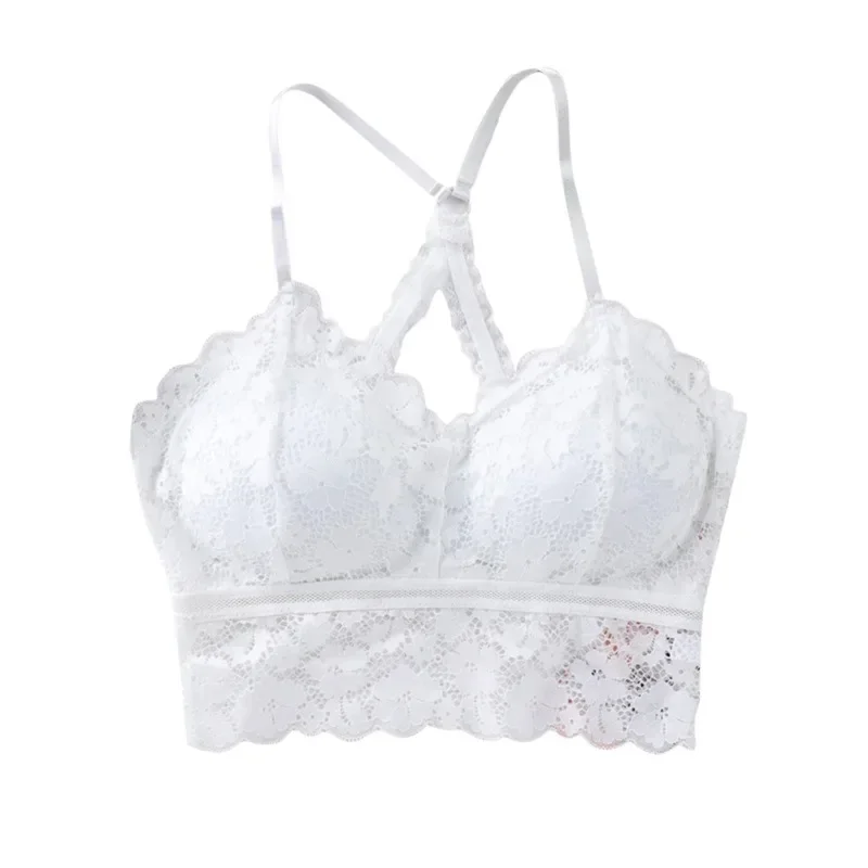 Women White Crop Tops Lace Print Camisole Sexy Hollow Backless Bra Removable Chest Pad Bralette Solid Beauty Back Tank Top