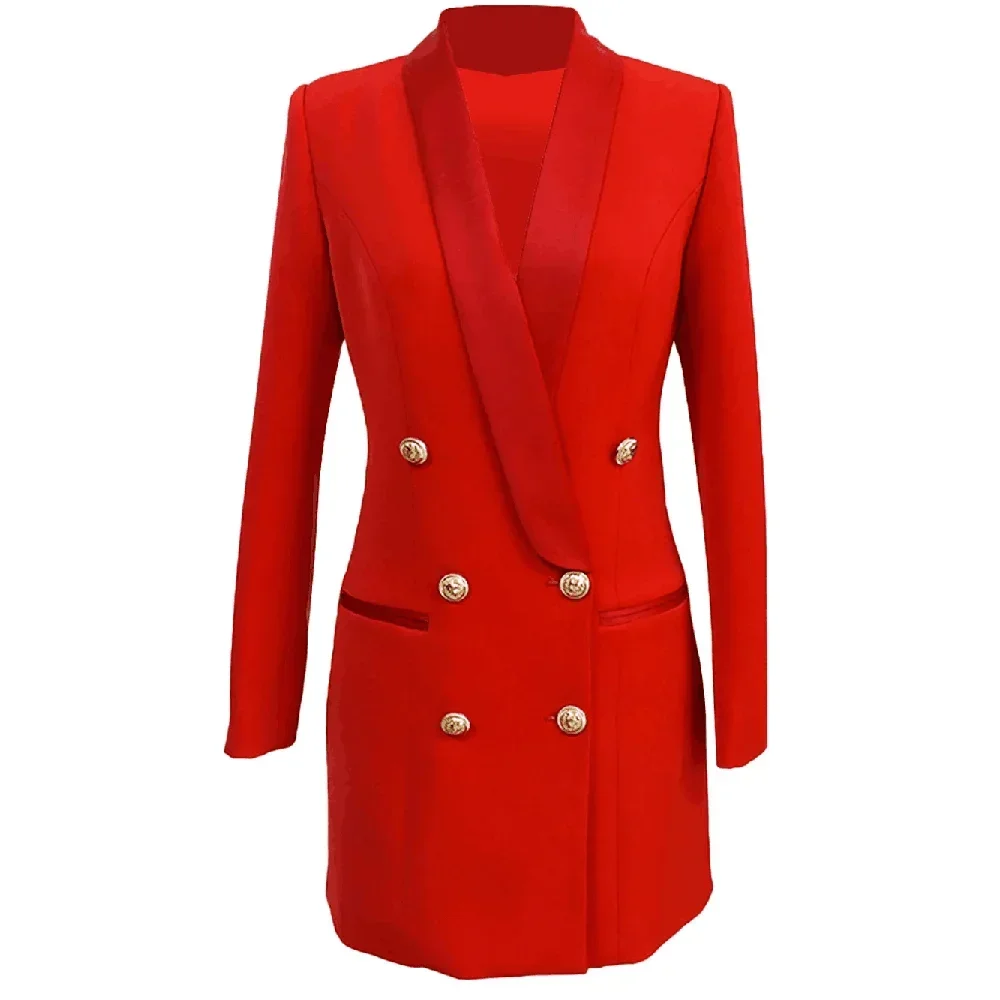 Women Double Breasted Jacket Mid-length Coat Shawl Collar Business Formal Party Dress Metal Button Slim Fitted Suits 1 Pc