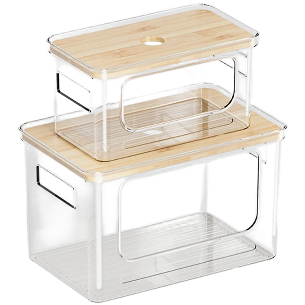 Stackable Wooden Lid Storage Box for Kitchen For Desk Bathroom Living Room with Transparent PET Body and Wide U-Shaped Opening