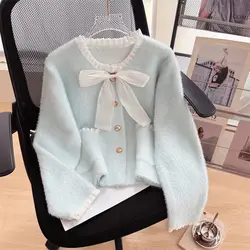 Autumn Winter Elegant Temperament Loose Solid Color Knitwear Tops Ladies Fashion Bow All-match Knitting Cardigan Sweater Coat