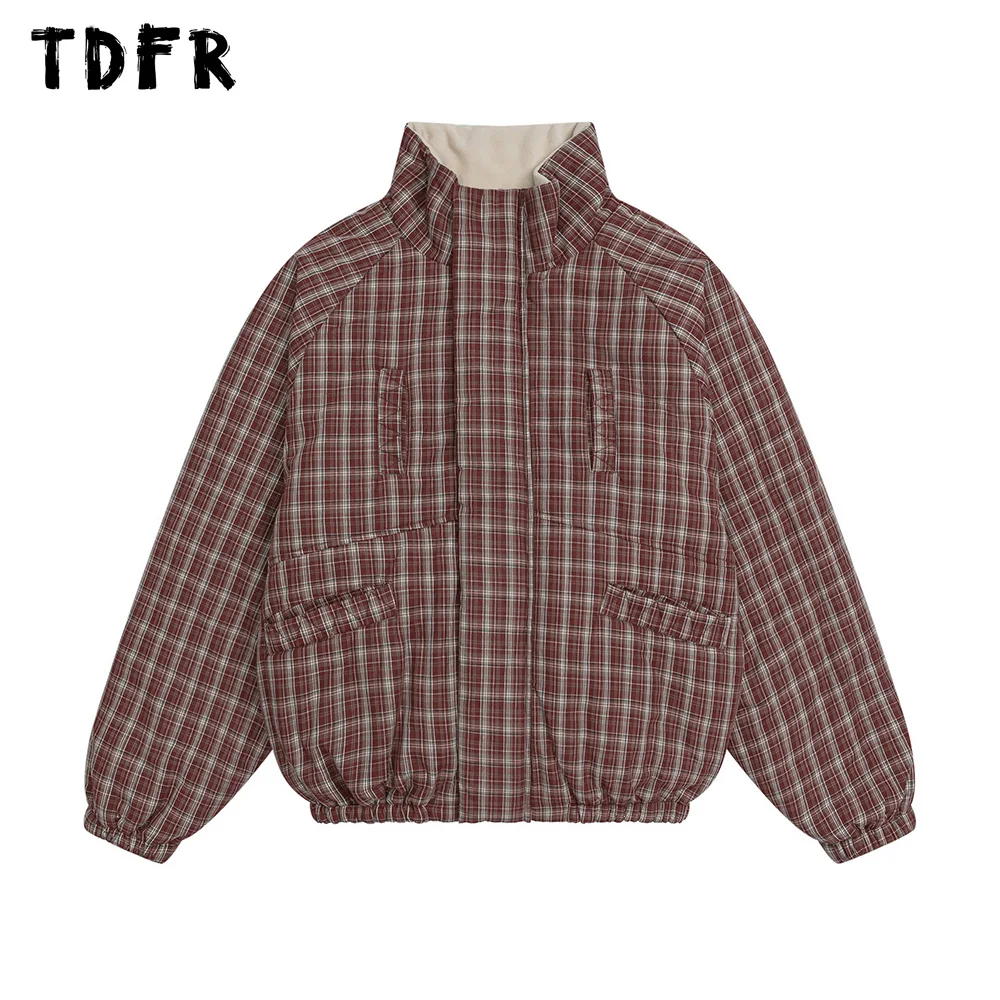 Plaid Double-sided Padded Jacket Mens Winter Thick Retro Casual Stand collar Raglan Long Sleeve Outerwear Men