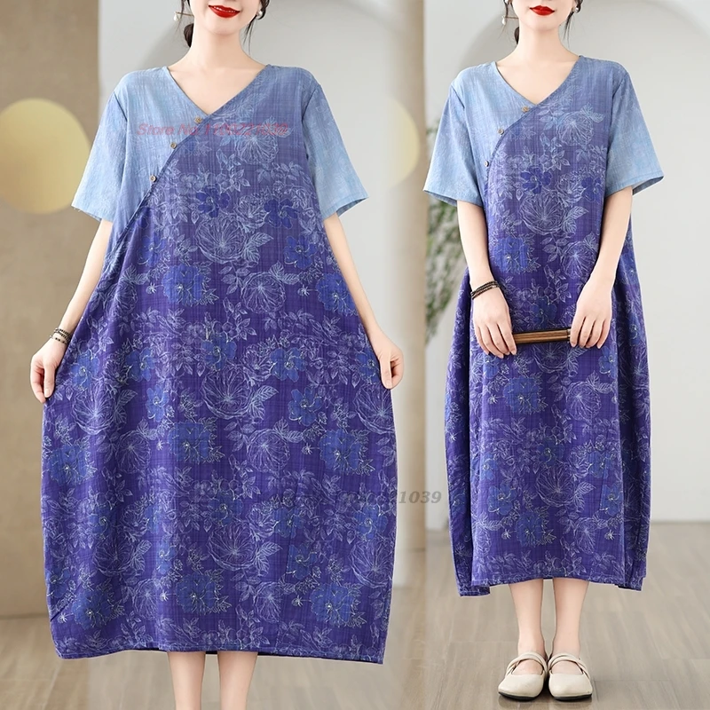 

2024 chinese vintage dress national flower print a-line dress patchwork cheongsam improved qipao dress traditional folk dress