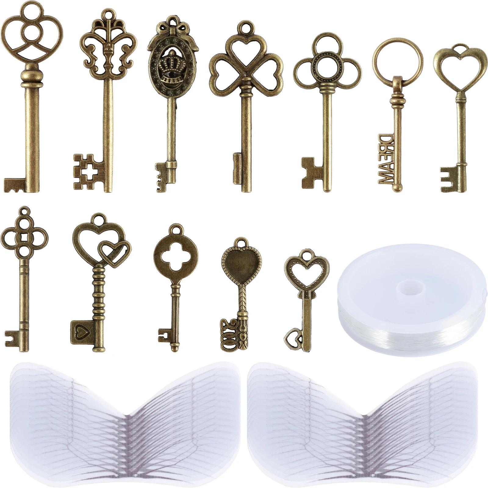 

48Pcs Vintage Skeleton Keys DIY Flying Keys Charms with 48 Pairs Dragonfly Wings and 30 Meters Crystal String Metal Antique Keys