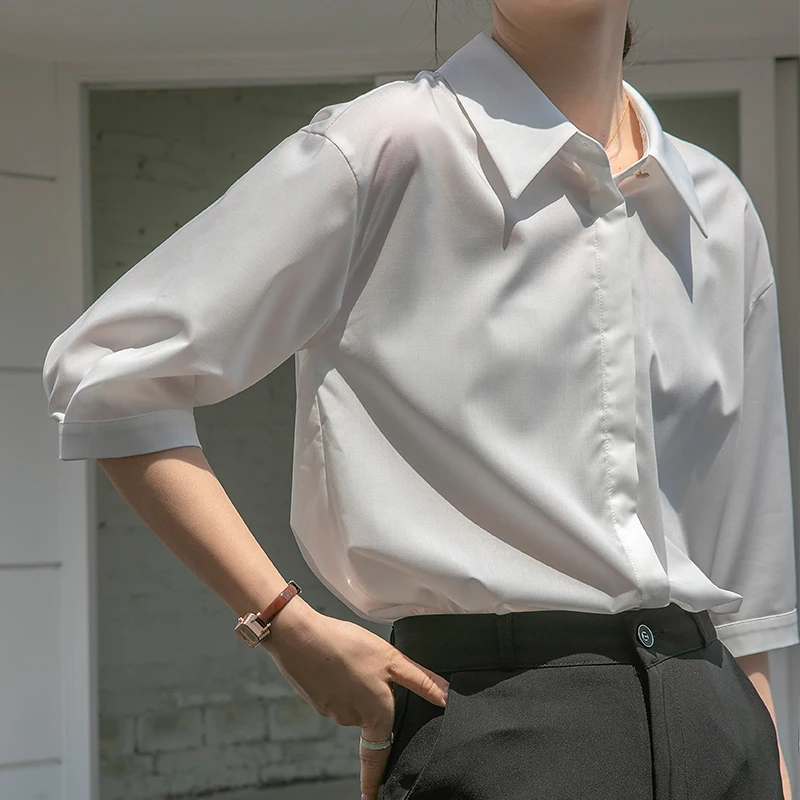 

Women's White Half Sleeve Shirt Summer Chic Office Wear Single Breasted Turn Down Collar Shirt Lady Casual Streetwear Blouse Top