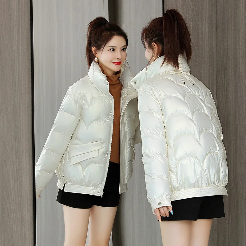 Women Stand Collar Shiny Puffer Jacket Zipper Pocket Elastic Hem Short Winter Coat