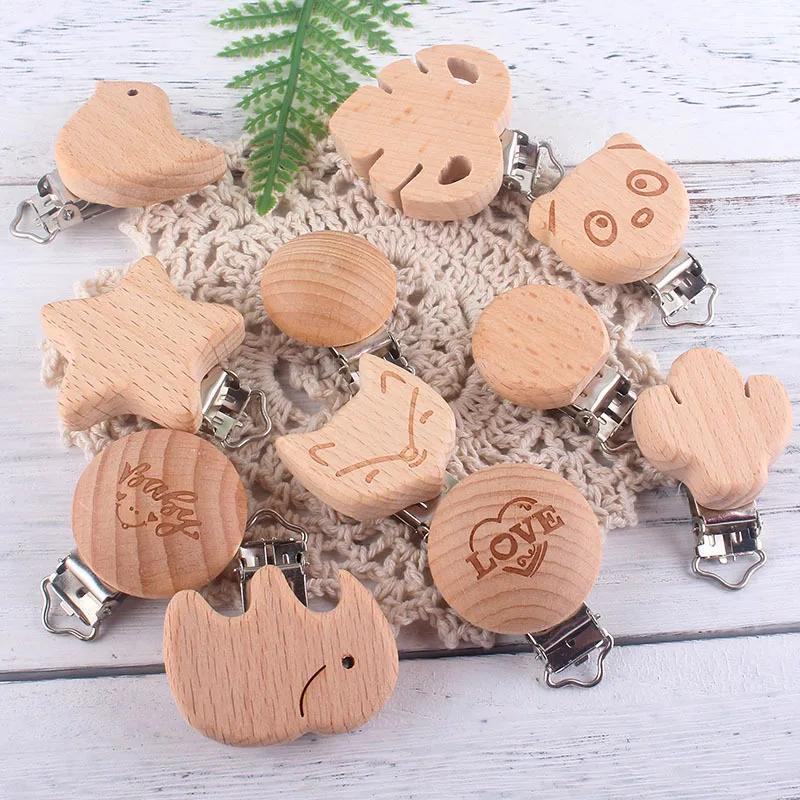 5pcs Speenkoord Clip Teething Pacifier Clip Cartoon Beech Wood Dummy Clip Safety Pacifier Holder Accessories Attache Tetine Bois