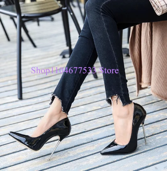 

Пикантные туфли на очень высоком каблуке 13 см, женские модные туфли из лакированной кожи с острым носком, металлические женские туфли-лодочки на тонком каблуке-шпильке, вечерние туфли