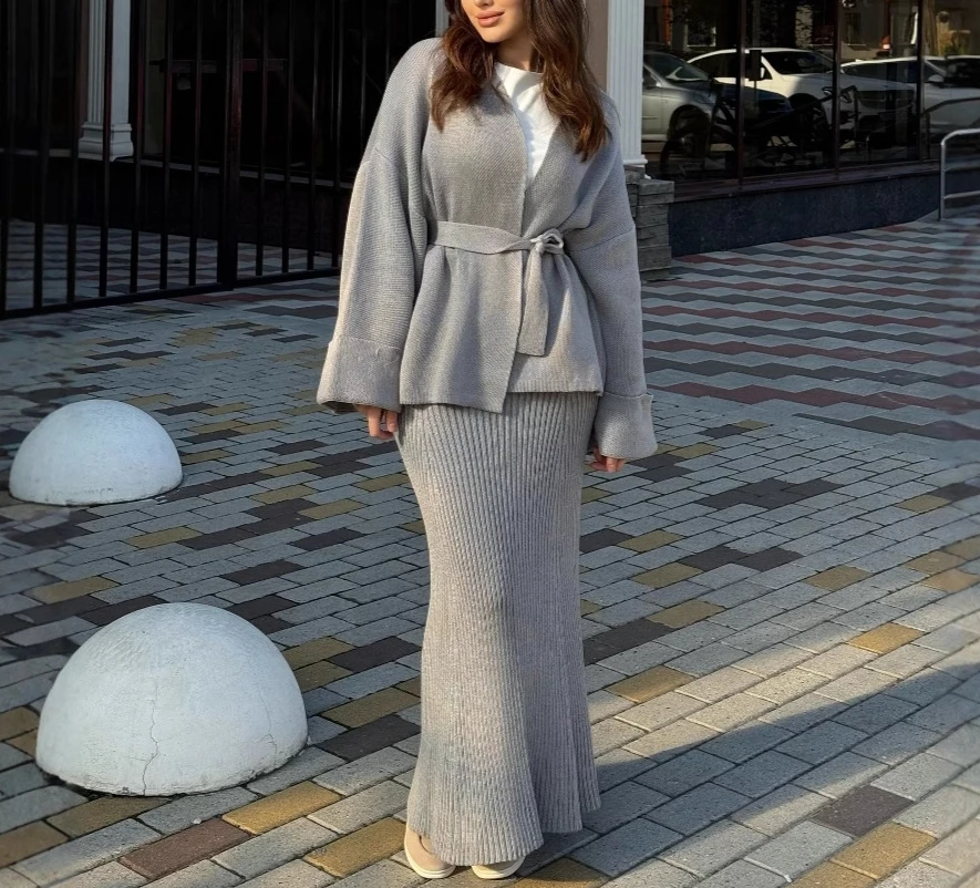 

Women Two-piece Set 2024 Winter Solid Color V-neck Long Sleeve Tie Detail Waist Knitted Sweater and Slim Fit Long Skirt Set