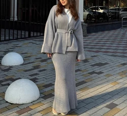 Women Two-piece Set 2024 Winter Solid Color V-neck Long Sleeve Tie Detail Waist Knitted Sweater and Slim Fit Long Skirt Set