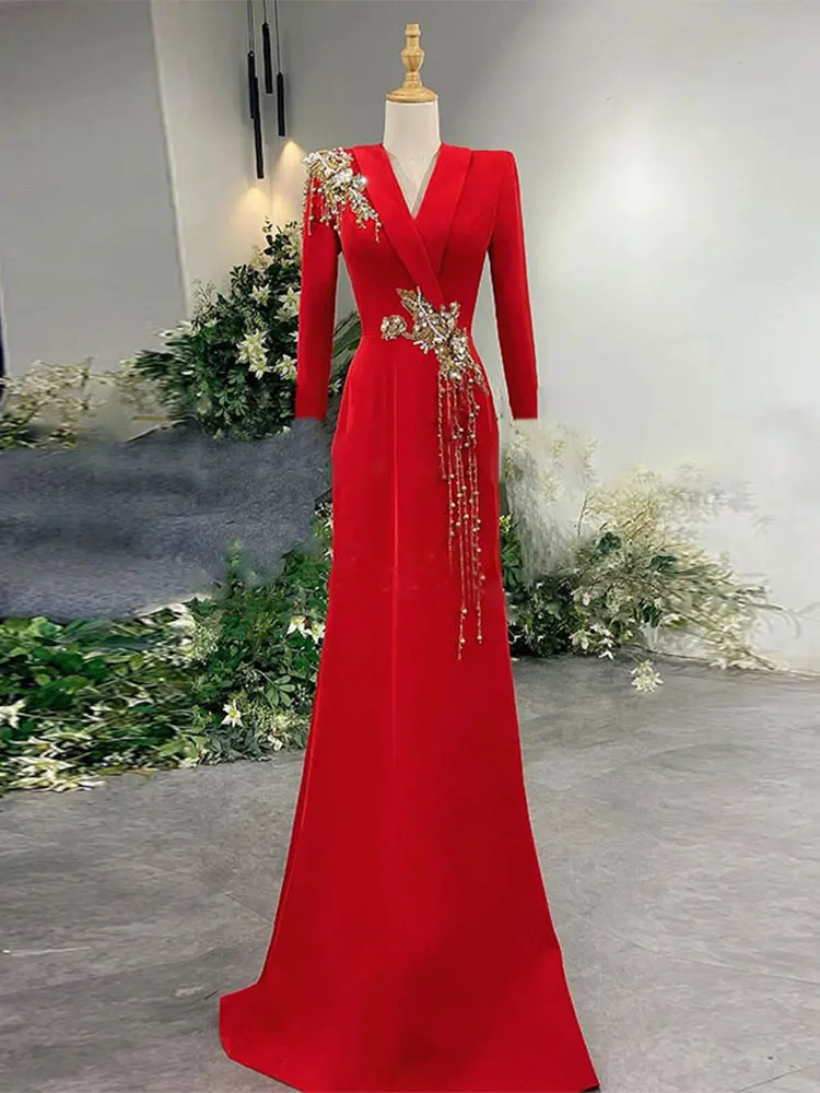 Host Evening Dress Women's Advanced Piano Performance Chorus Costume Long-Sleeved Red Vocal Music Art Test Dress