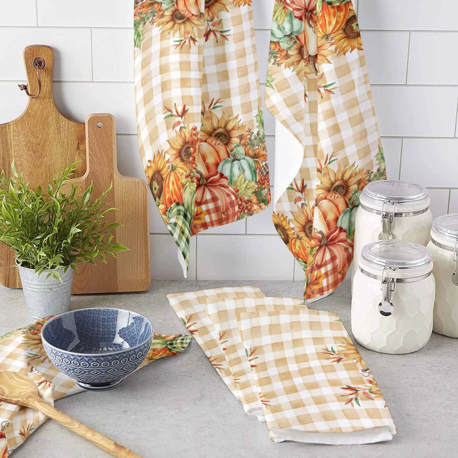 Thanksgiving Pumpkin Sunflower Bow Plaid Towel Set Cleaning Cloth Kitchen Accessories Dish Washing Cloth Household