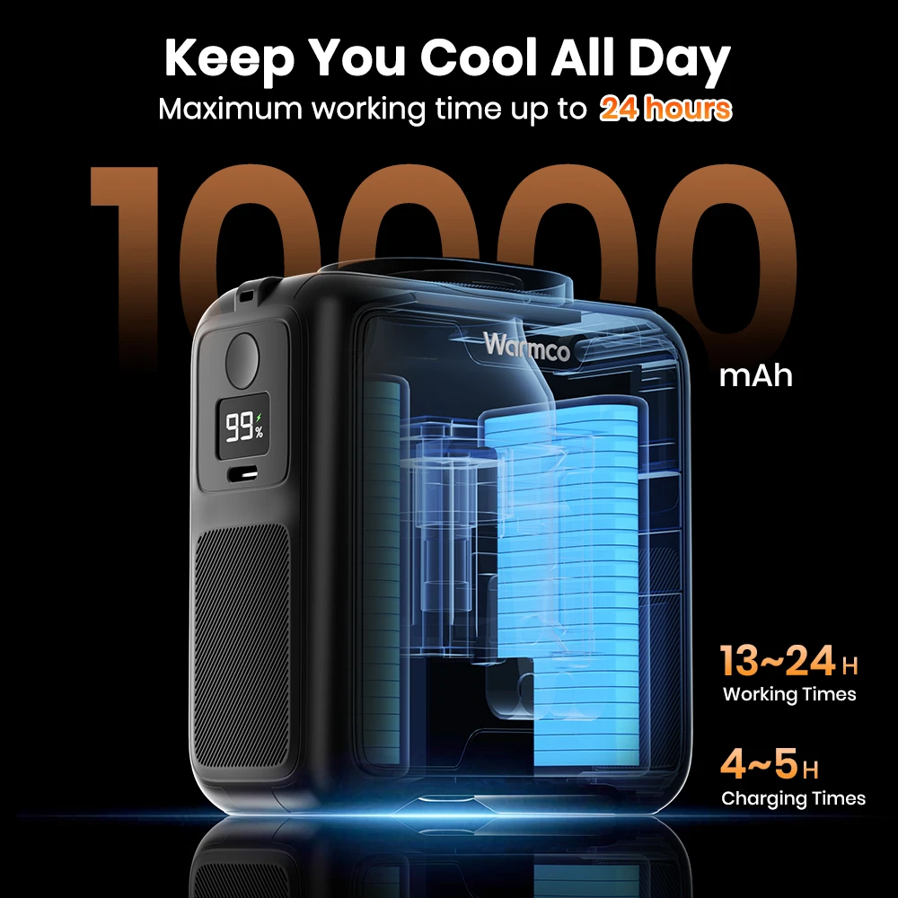 مروحة خصر محمولة من Warmco قابلة لإعادة الشحن، مشبك 10000 مللي أمبير في الساعة على مروحة الرقبة الشخصية، تعمل على 24 ساعة، 4 سرعات وتدفق هواء قوي 16000 دورة في الدقيقة،