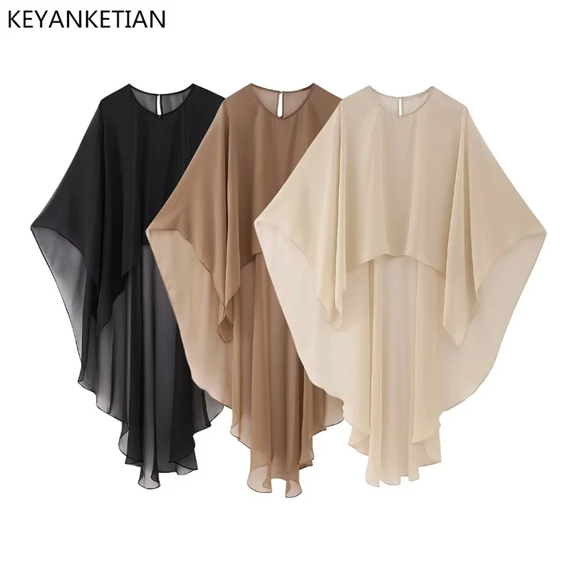 KEYANKETIAN Summer New Asymmetrical Tulle Cape Beach Wind Perspective Outfit Chic Chiffon Shawl Mid-Length Pull-Over Top