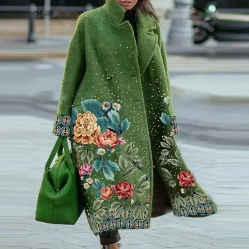 Cárdigan largo con estampado Floral para mujer, chaqueta de manga larga con bolsillo, abrigo de mezcla de lana elegante para otoño e invierno, 2023