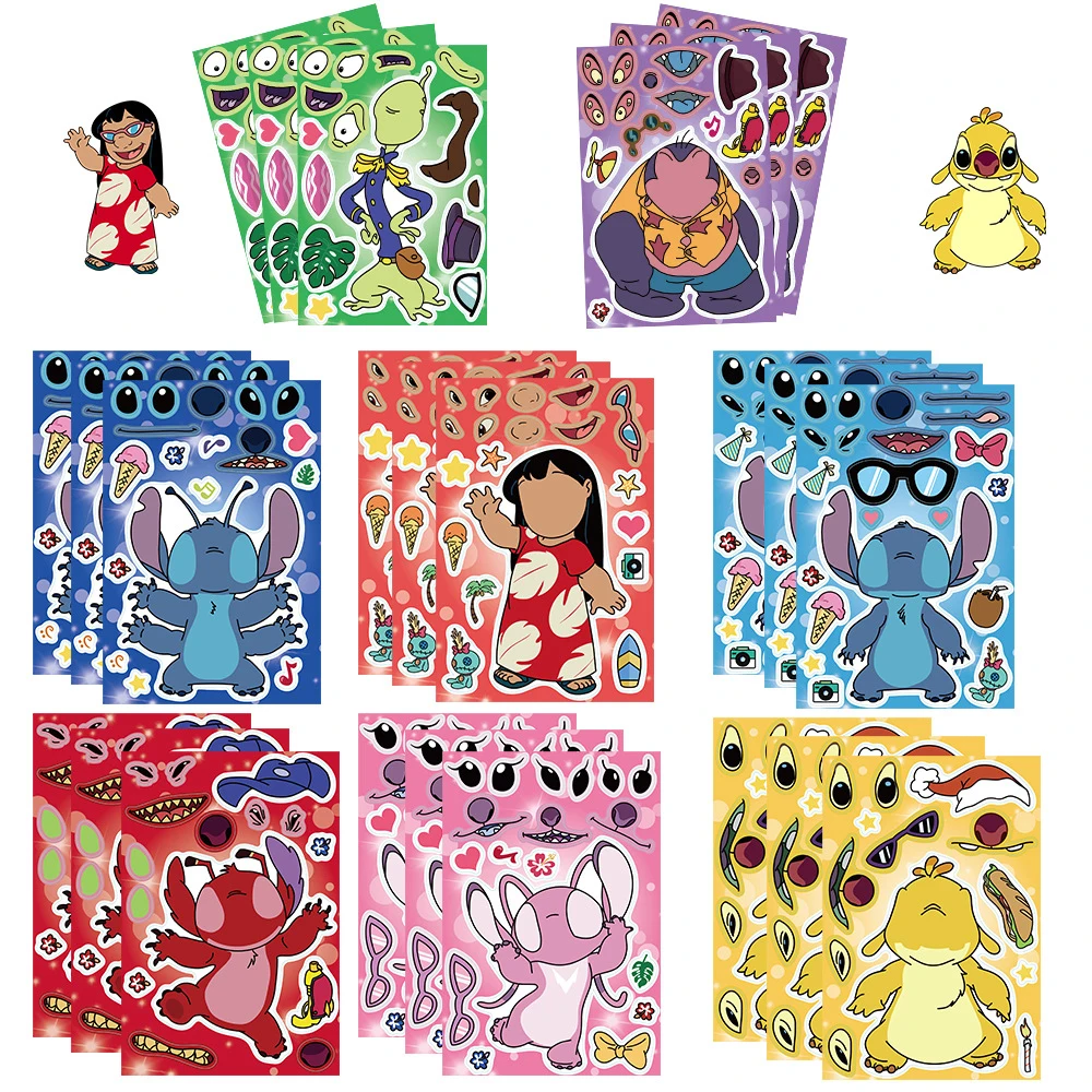 

8/16Sheets Children DIY Disney Stitch Puzzle Stickers Make a Face Cartoon Assemble Jigsaw for Kids Party Educational Game Toys