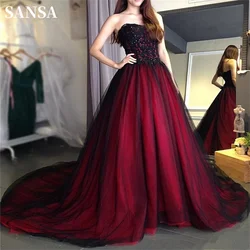 Sansa Red Whit Black Vestidos De Noche Strapless Lace Embroid Tulle Sweep Train فساتين السهرة Gothic A-line Tulle Prom Dresses