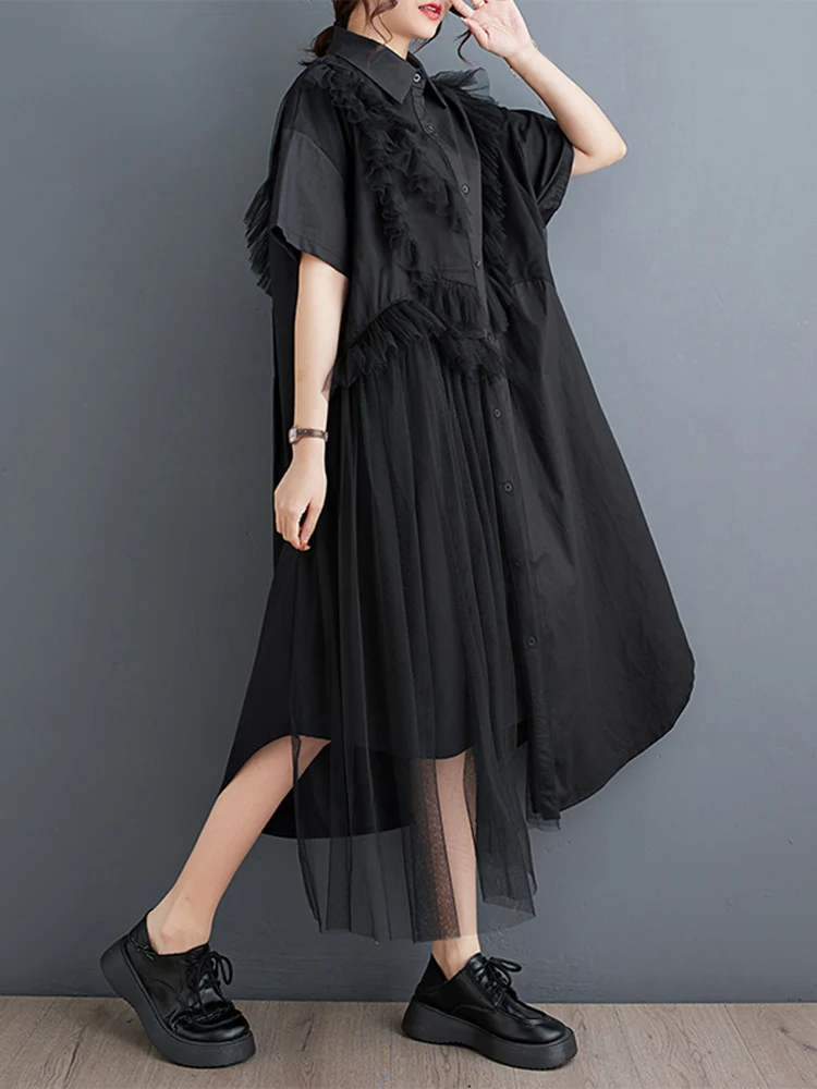 2024 Summer New Black Vintage Mesh Patchwork Irregular Dresses For Women Short Sleeve Loose Casual Shirt Dress Elegant Clothing