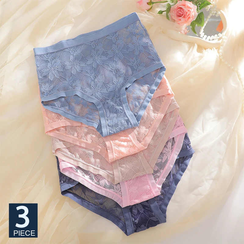 

FINETOO 3PCS Women High Waist Floral Lace Panties Breathable Cotton Crotch Underwear Soft Transparent Lingerie Briefs Plus Size