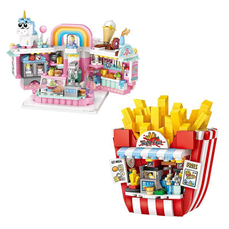 Mini Building Blocks Burger Fries Gourmet Shop Cake Shop City Street View Model Home Decoration Children's Toys Birthday Gifts