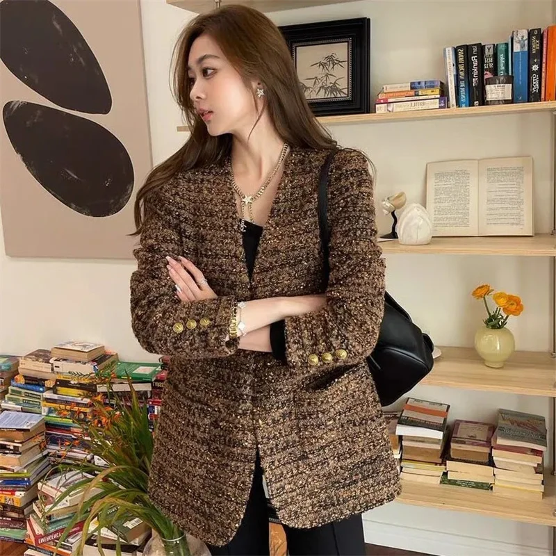 

Ladies Long Sleeves Coarse Woolen Jacket Autumn Feminine High-end Casual Tops Outwear American Women Fashion V-neck Loose Coat