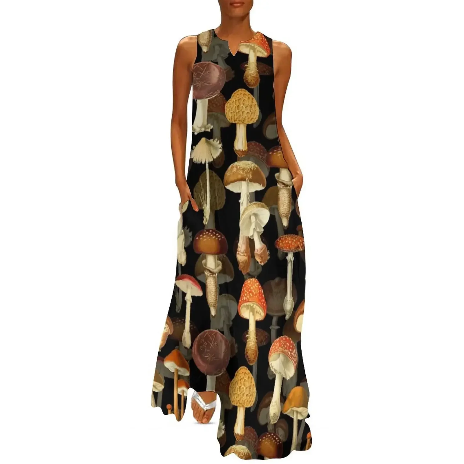 

Vintage toxic mushrooms forest pattern on black Botanical Night Garden Nightgarden Long Dress women dresses Dress
