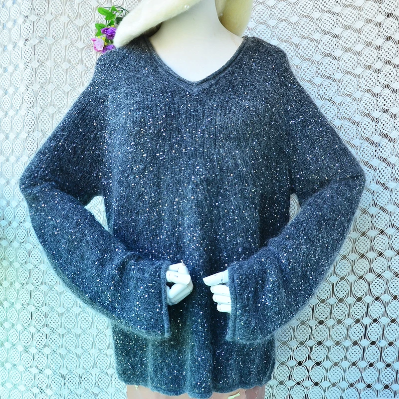 

Women Mujer Spring Autumn Shining Sequins Black Hairy Soft Mohair Wool Knitted V-Neck Long Sleeves Loose Pullover Sweater Jumper