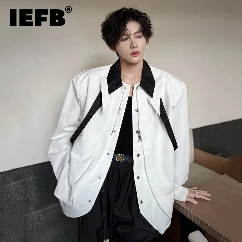 IEFB Niche Design Men's Shirts Fake Two-piece Patchwork Casual Turn-down Collar Ribbon Long Sleeve Contrast Color Male Top 9W298