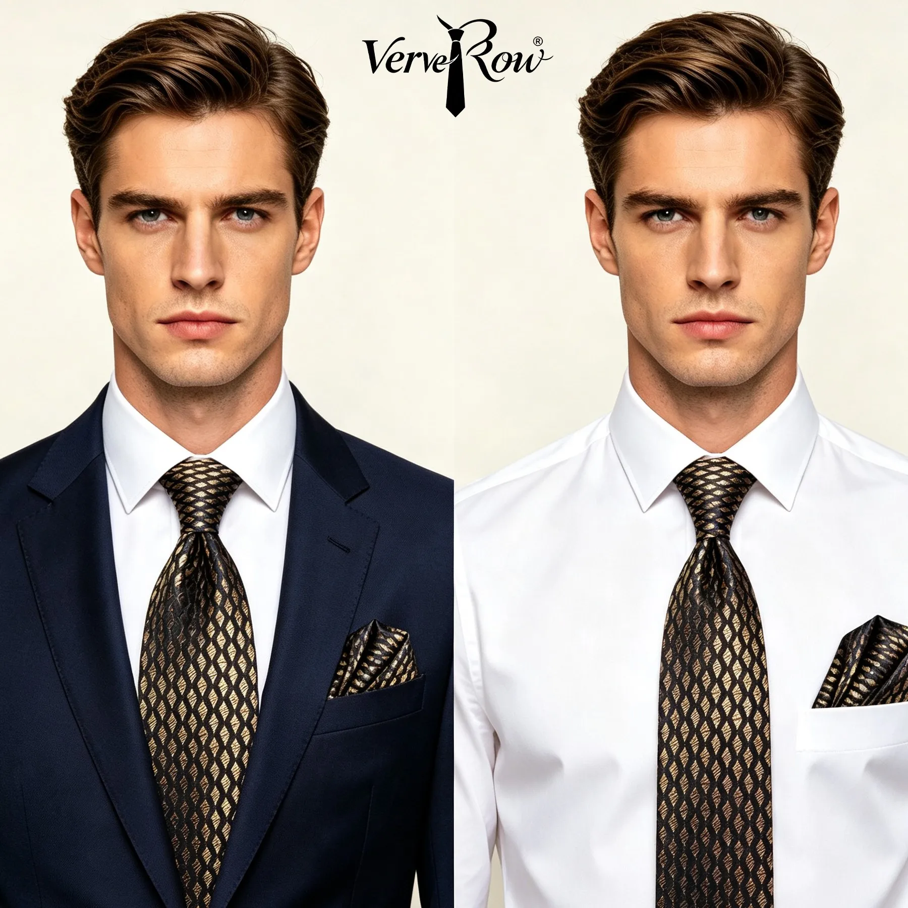 VERVEROW Men Brown Gold Wavy Geometric Necktie Pocket Square Set Textured Formal Tie Handkerchief Suit