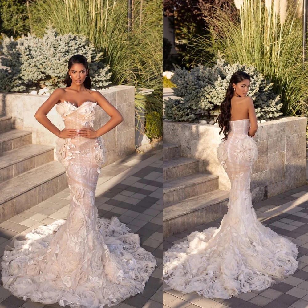 Luxury Mermaid Wedding Dresses Sexy Sweetheart Backless Appliques Lace Bridal Gowns Sweep Train Customized Wedding Dress