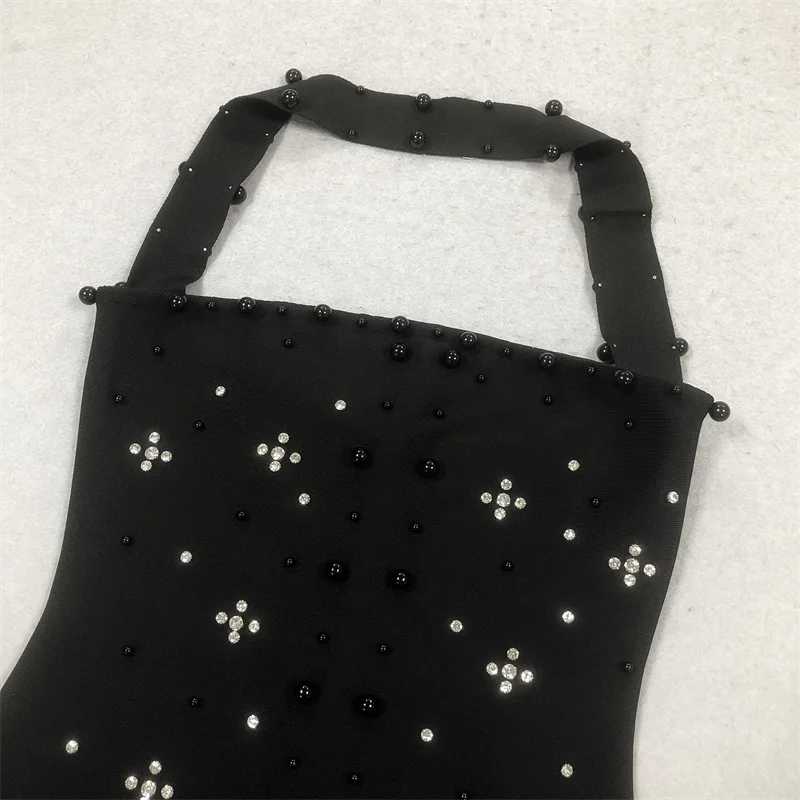 Robe de bal de luxe avec perles noires pour femmes, Sexy, col licou, sans manches, pierre, cristal, gaine de Banquet formelle, Slim, longue Robe de soirée